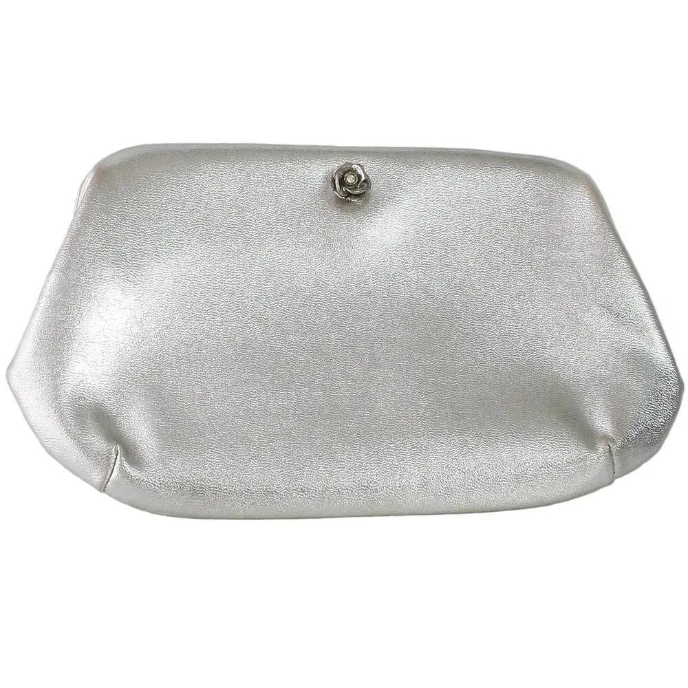 Vintage 70s Lewisette Silver Metallic Clutch Rhinestone Floral Latch